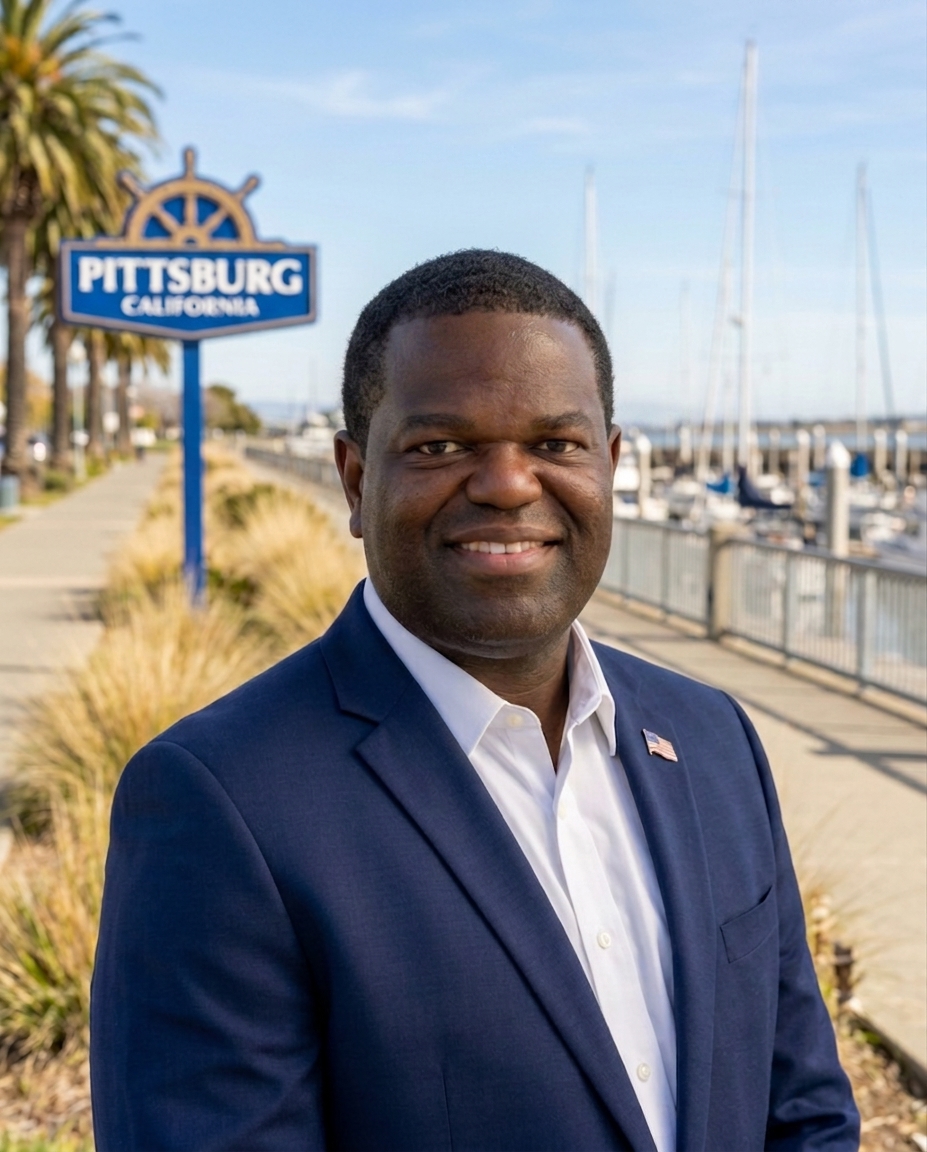 Alvin Nelson, candidato al Concejo Municipal de Pittsburg, con el malecón de Pittsburg de fondo